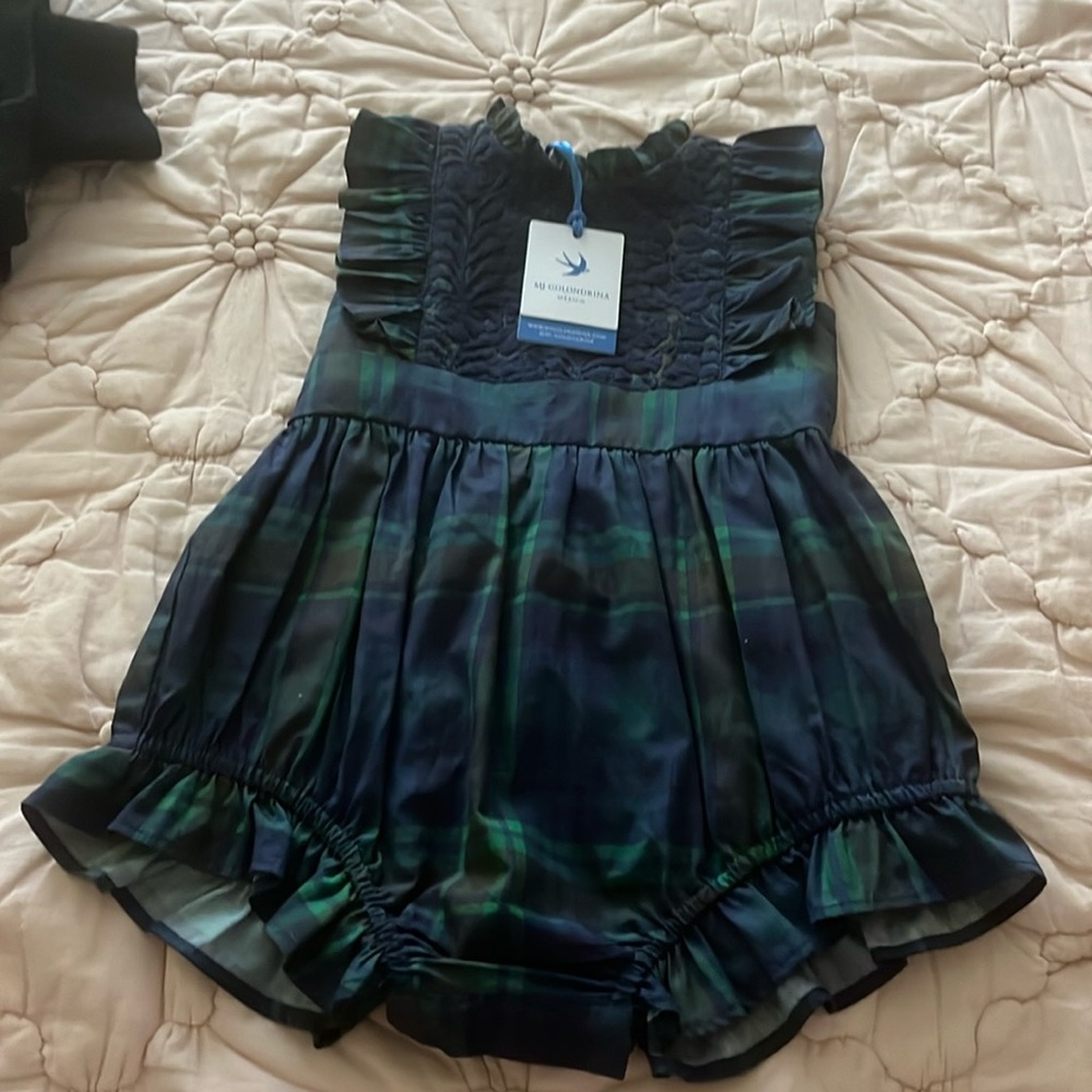Mi Golindrina Olivia Bubble verde tartan y Marino - NWT